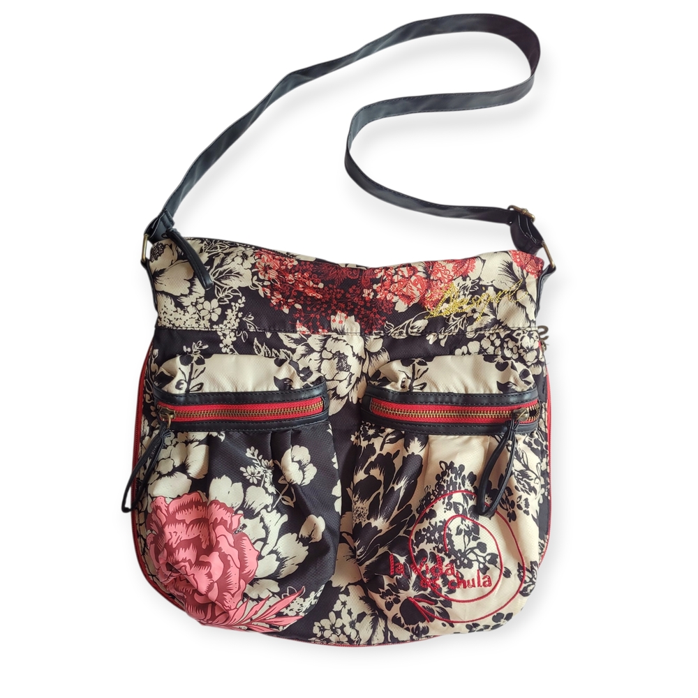 Desigual Floral Satchel in Black and Pink